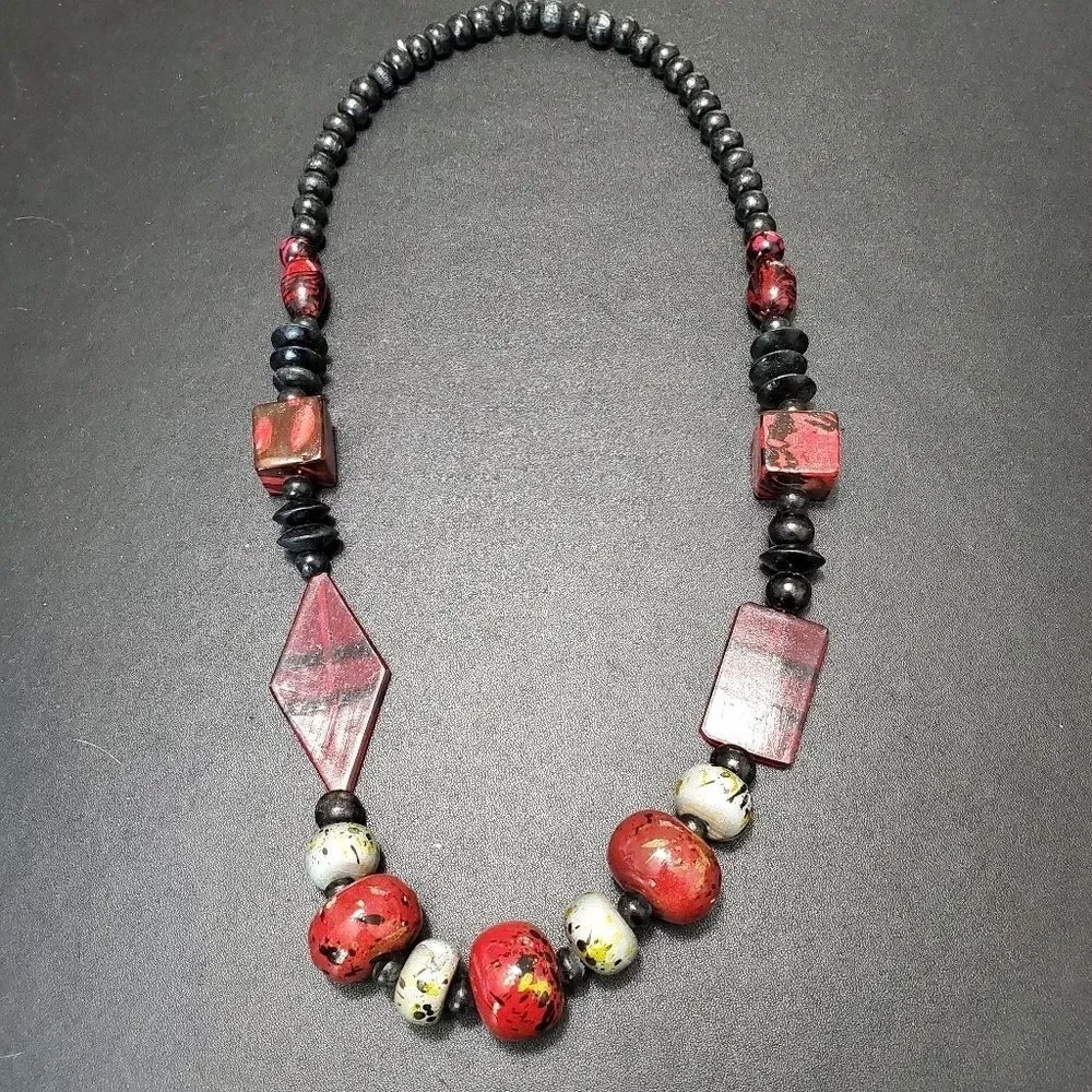 Red and black painted wood bead necklace 28